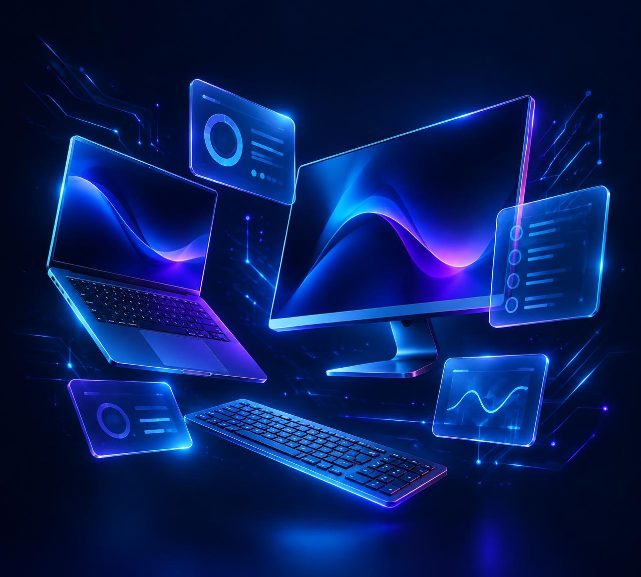 Floating laptop, monitor, keyboard and glass interface panels